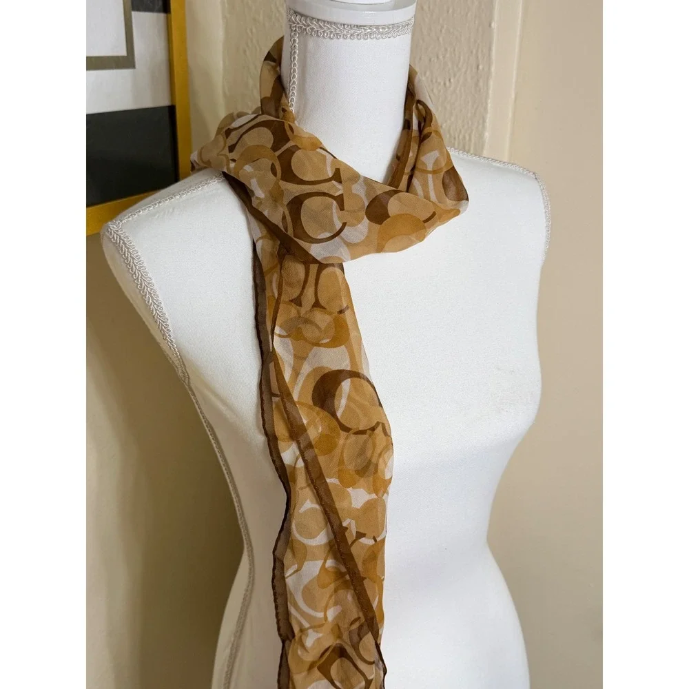 Coach Signature C Logo Oblong Scarf Brown Tan Monogram Sheer Lightweight